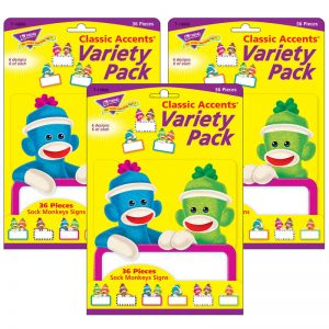 TREND Sock Monkeys Signs Classic Accents® Variety Pack, 36 Per Pack, 3 Packs