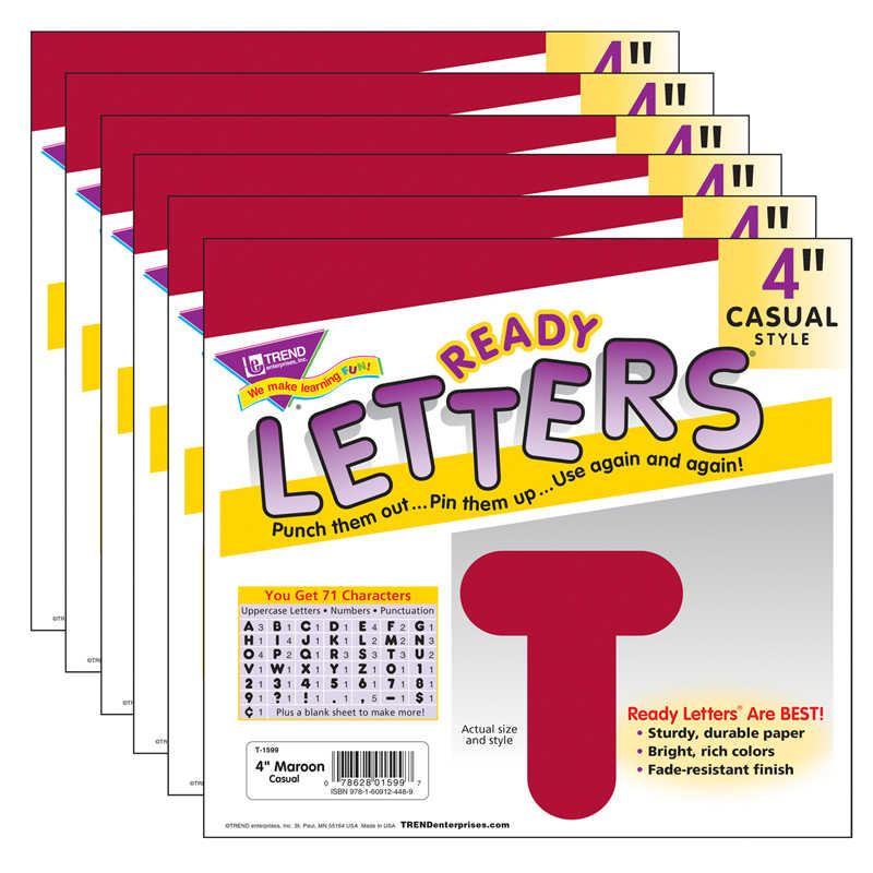 TREND Maroon 4" Casual Uppercase Ready Letters®, 6 Packs