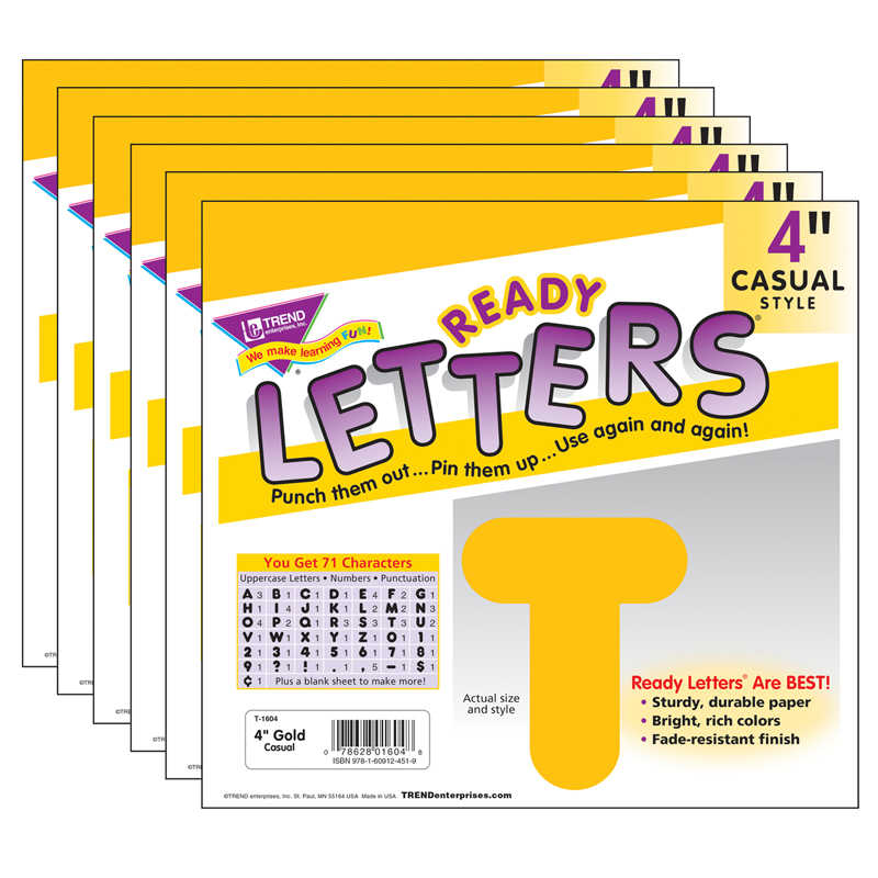 TREND Gold 4" Casual Uppercase Ready Letters®, 6 Packs