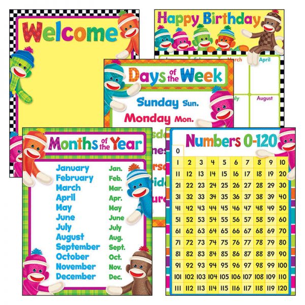 TREND Classroom Basics Sock Monkeys Learning Chts Combo Pk, set 5