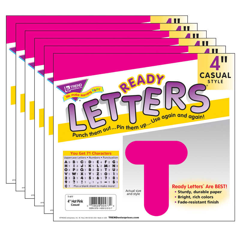 TREND Hot Pink 4" Casual Uppercase Ready Letters®, 6 Packs