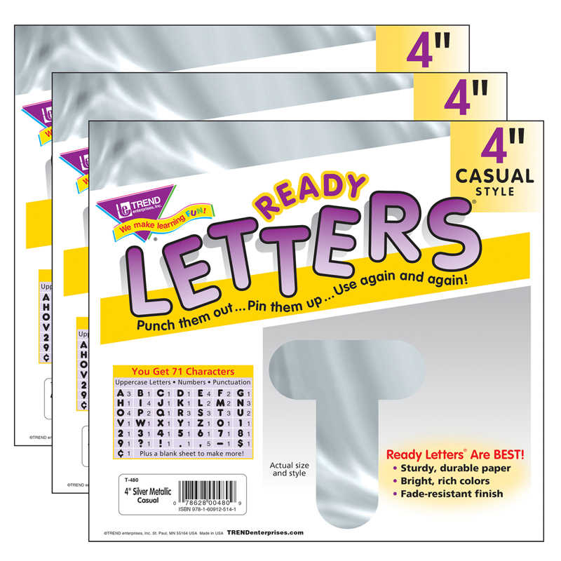 TREND Silver Metallic 4" Casual Uppercase Ready Letters®, 71 Per Pack, 3 Packs