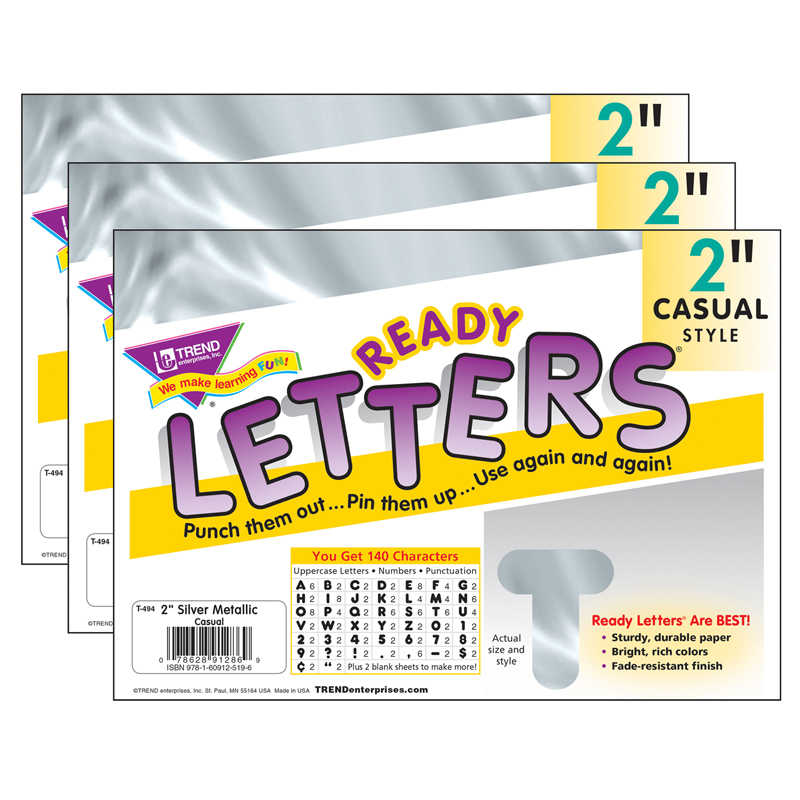 TREND Silver Metallic 2" Casual Uppercase Ready Letters®, 140 Per Pack, 3 Packs