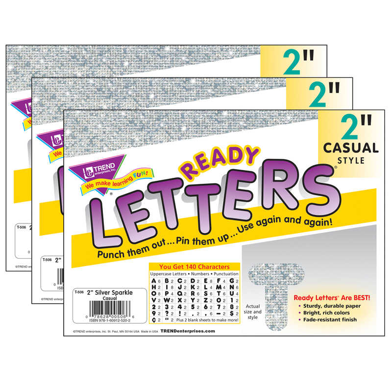TREND Silver Sparkle 2" Casual Uppercase Ready Letters®, 140 Per Pack, 3 Packs