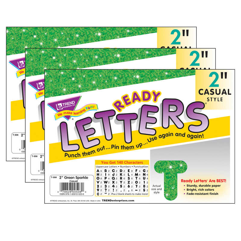 TREND Green Sparkle 2" Casual Uppercase Ready Letters®, 140 Per Pack, 3 Packs