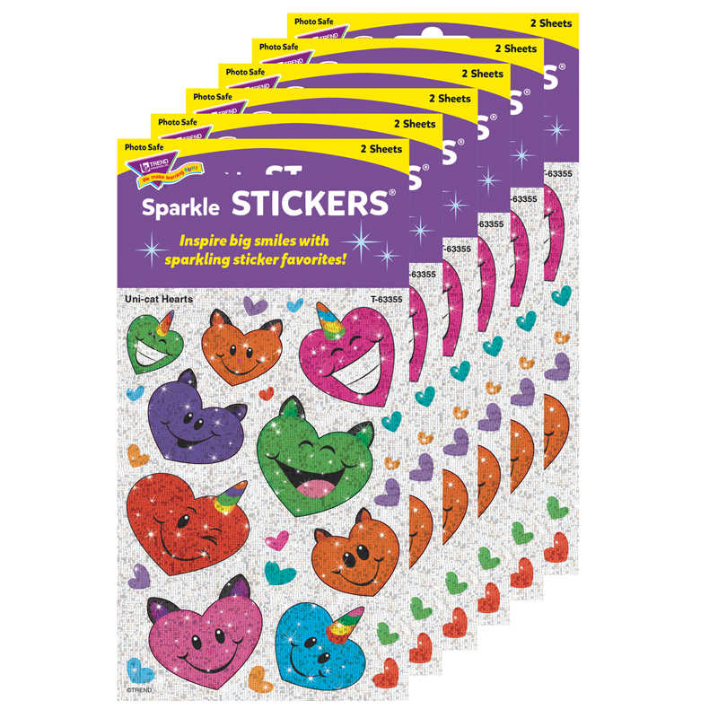 TREND Uni-cat Hearts Sparkle Stickers®, 18 Per Pack, 6 Packs