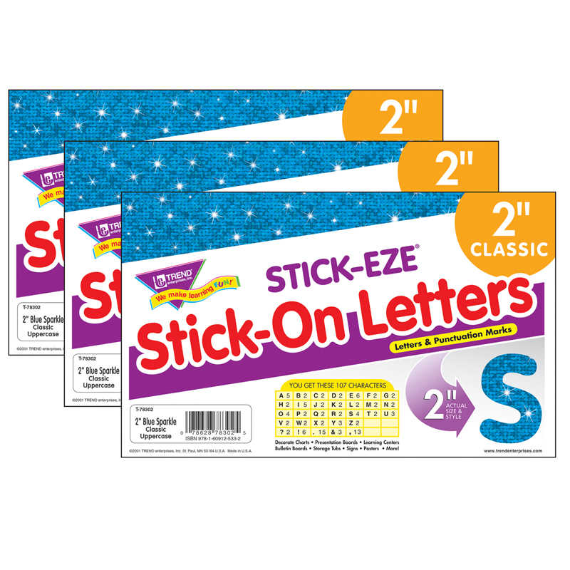 TREND Blue Sparkle 2" STICK-EZE® Sparkle Letters, 107 Per Pack, 3 Packs