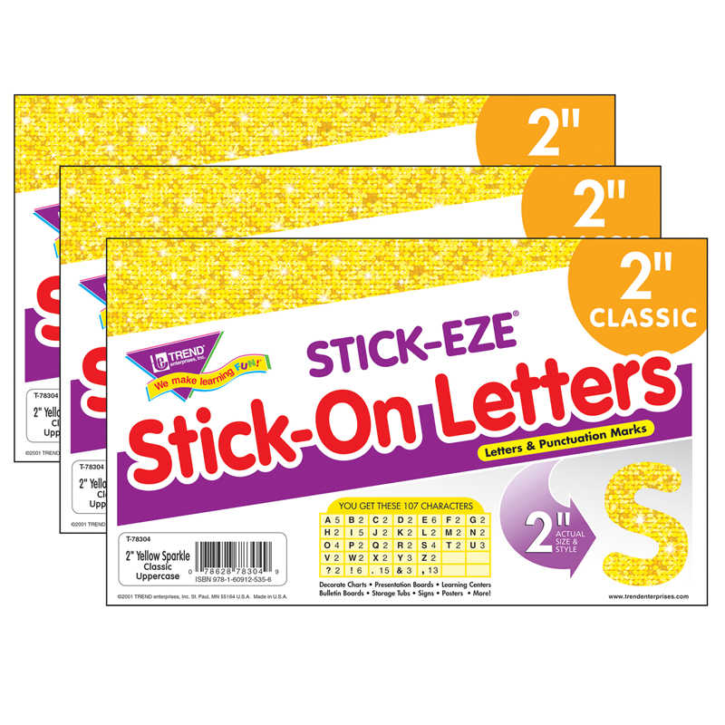 TREND Yellow Sparkle 2" STICK-EZE® Sparkle Letters, 107 Per Pack, 3 Packs