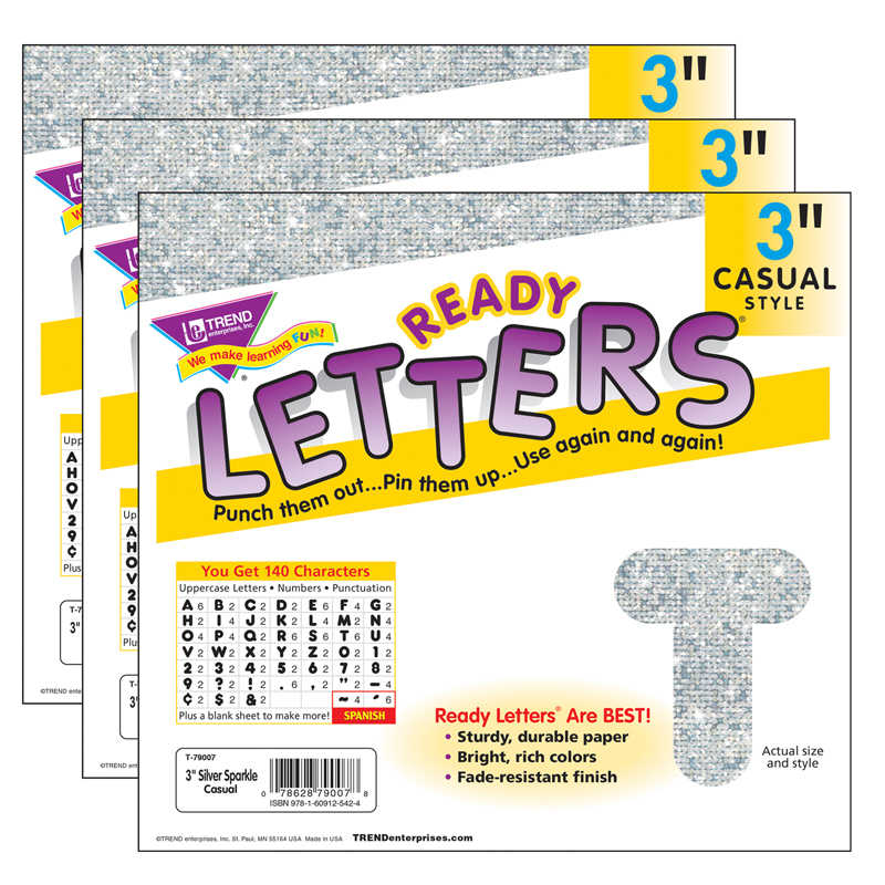 TREND Silver Sparkle 3" Casual Uppercase Ready Letters®, 140 Per Pack, 3 Packs