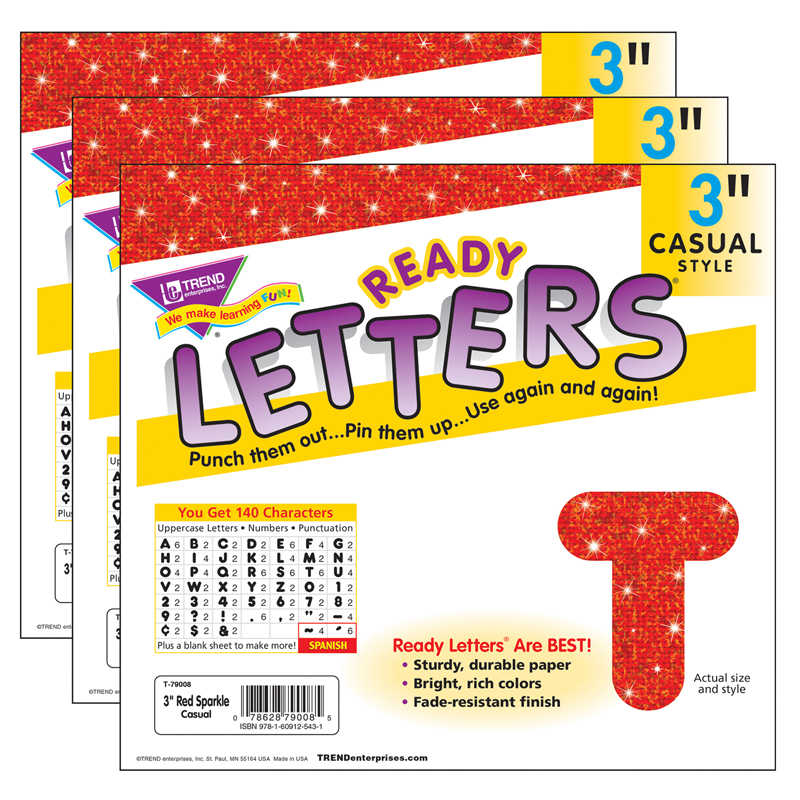 TREND Red Sparkle 3" Casual Uppercase Ready Letters®, 140 Per Pack, 3 Packs