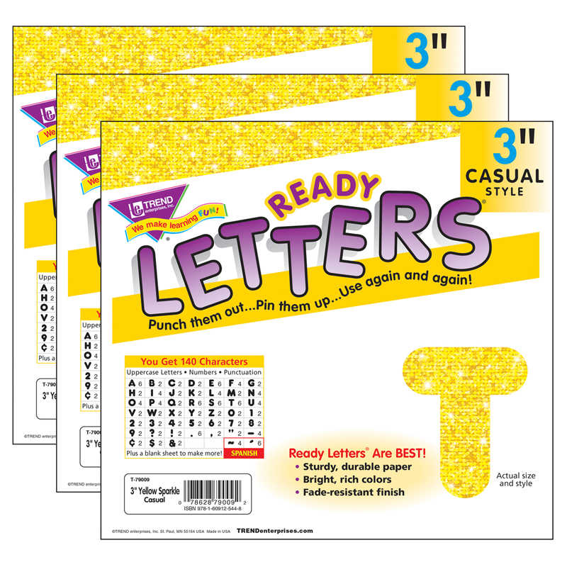 TREND Yellow Sparkle 3" Casual Uppercase Ready Letters®, 140 Per Pack, 3 Packs