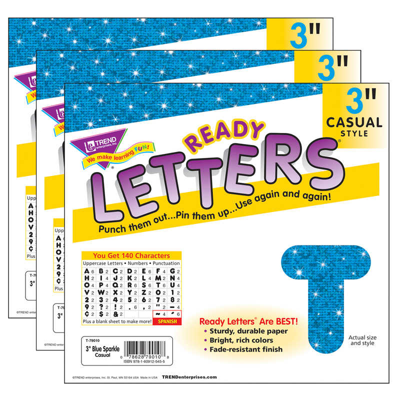 TREND Blue Sparkle 3" Casual Uppercase Ready Letters®, 140 Per Pack, 3 Packs
