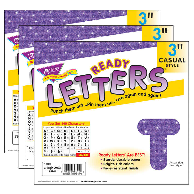 TREND Purple Sparkle 3" Casual Uppercase Ready Letters®, 140 Per Pack, 3 Packs
