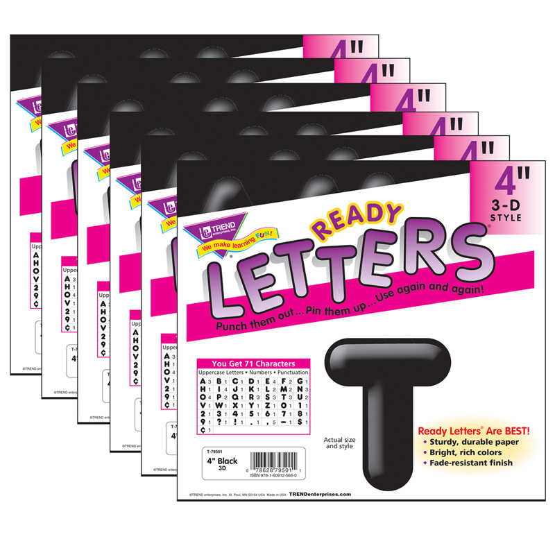 TREND Black 4" 3-D Uppercase Ready Letters®, 6 Packs