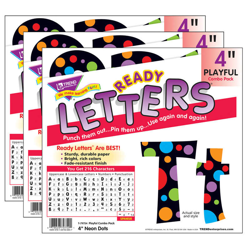 TREND Neon Dots 4" Playful Combo Ready Letters®, 3 Packs