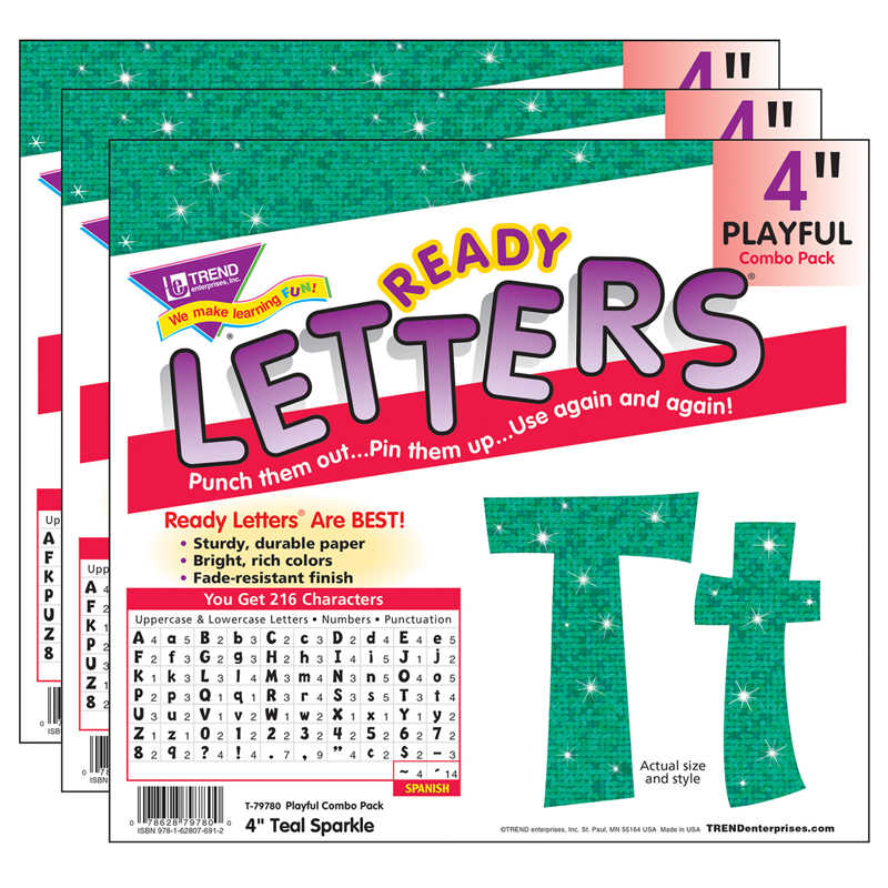 TREND Teal Sparkle 4" Playful Combo Ready Letters®, 3 Packs
