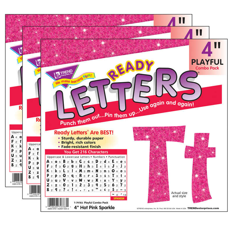 TREND Hot Pink Sparkle 4" Playful Combo Ready Letters®, 3 Packs