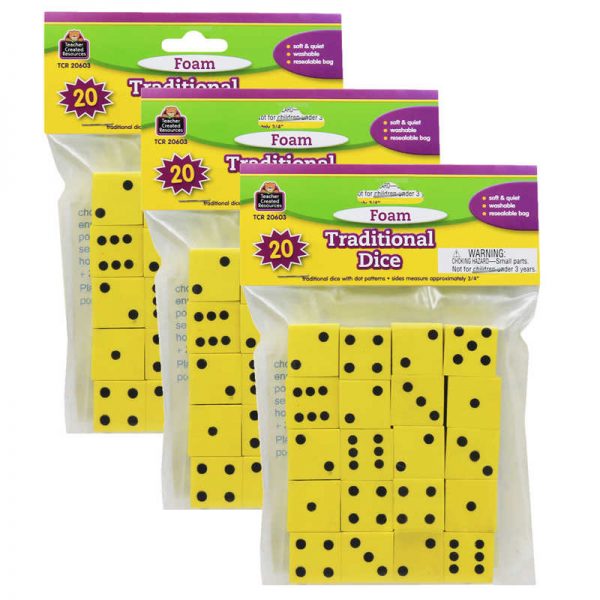 Teacher Created Resources Foam Traditional Dice, 0.75", 20 Per Pack, 3 packs