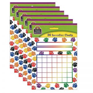 Teacher Created Resources Colorful Paw Prints Incentive Charts, 5.25" x 6", 36 Sheets Per Pack, 6 Packs
