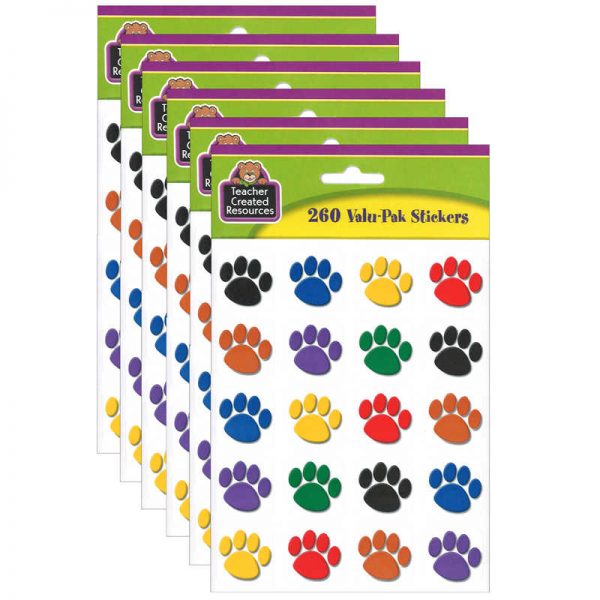 Teacher Created Resources Colorful Paw Print Stickers Valu-Pak, 260 Pieces Per Pack, 6 Packs