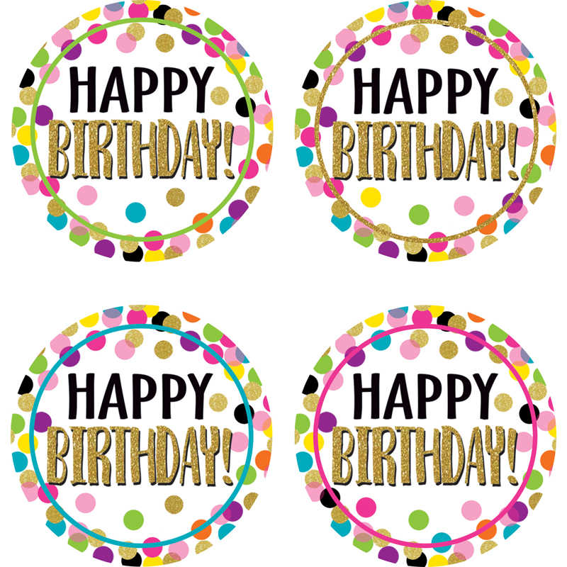 Teacher Created Resources Confetti Happy Birthday Wear 'Em Badges, 32 Per Pack, 6 Packs