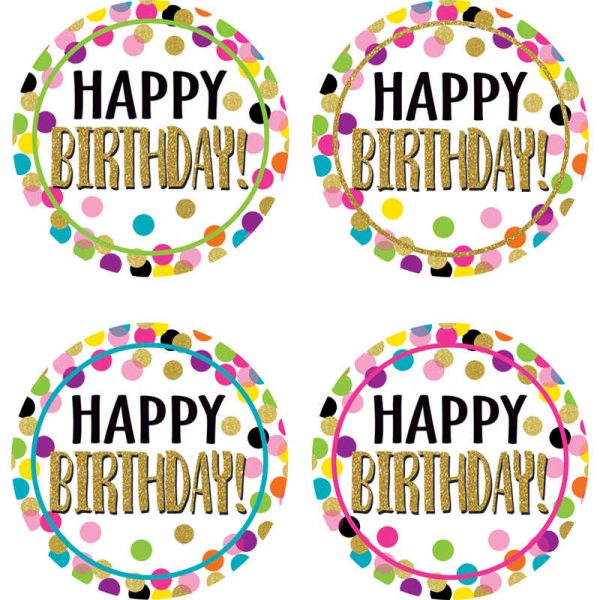 Teacher Created Resources Confetti Happy Birthday Wear ’Em Badges, Pack of 32