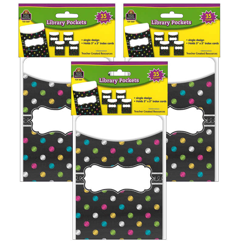 Teacher Created Resources Chalkboard Brights Library Pockets, 35 Per Pack, 3 Packs