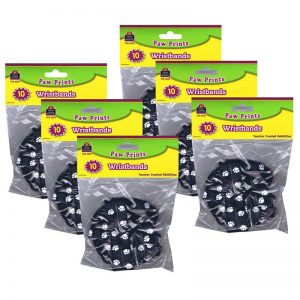 Teacher Created Resources Black with White Paw Prints Wristband Pack, 10 Per Pack, 6 Packs