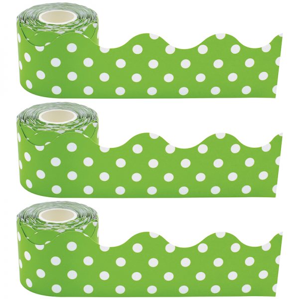 Teacher Created Resources Lime Polka Dots Scalloped Rolled Border Trim, 50 Feet Per Roll, Pack of 3
