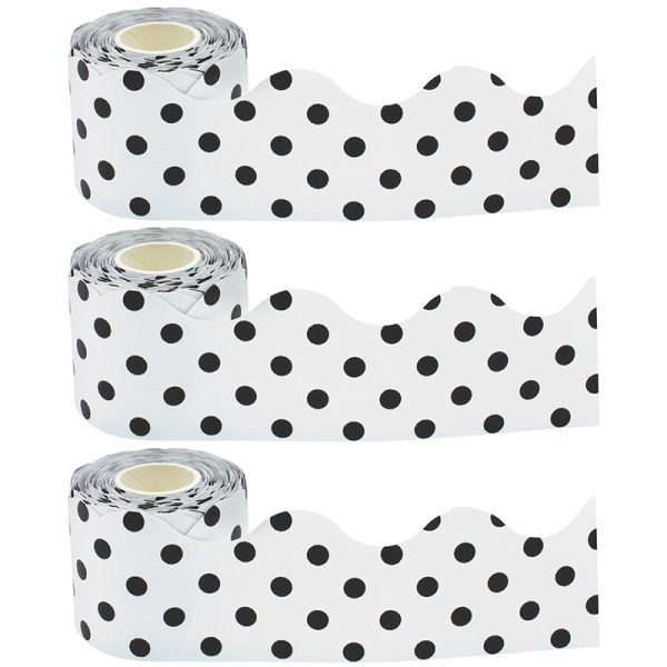 Teacher Created Resources Black Polka Dots on White Scalloped Rolled Border Trim, 50 Feet Per Roll, Pack of 3