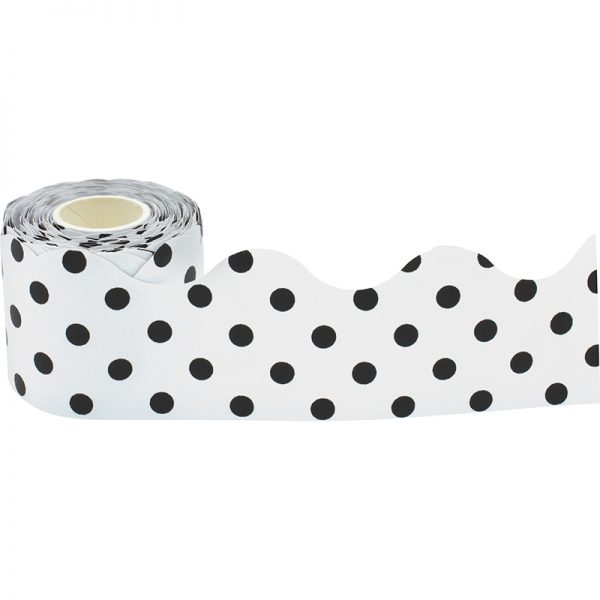 Teacher Created Resources Black Polka Dots on White Scalloped Rolled Border Trim, 50 Feet