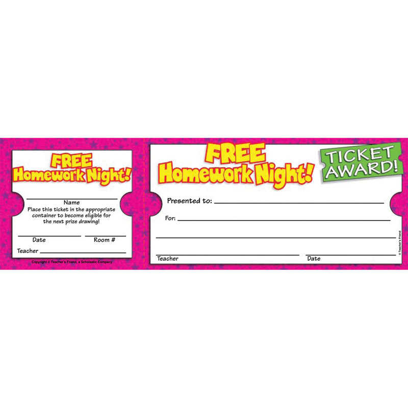 Scholastic Teaching Resources Ticket Awards, Free Homework Night!, 100 Per Pack, 6 Packs