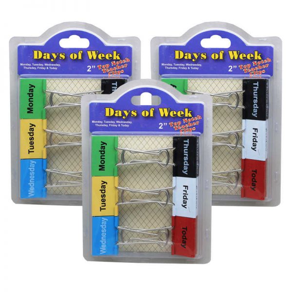 Top Notch Teacher Products Days of the Week Binder Clips, 2", 6 Per Pack, 3 Packs