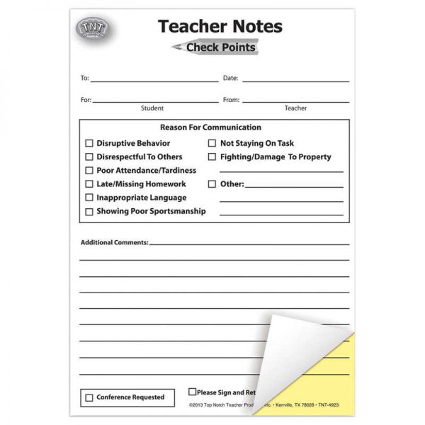 Top Notch Teacher Products Check Points Teacher Notes, 5-1/2" x 7-1/2", Carbonless Notes