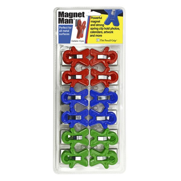 The Pencil Grip Magnet Man Magnetic Clip, Assorted Colors, Clamshell, Pack of 12