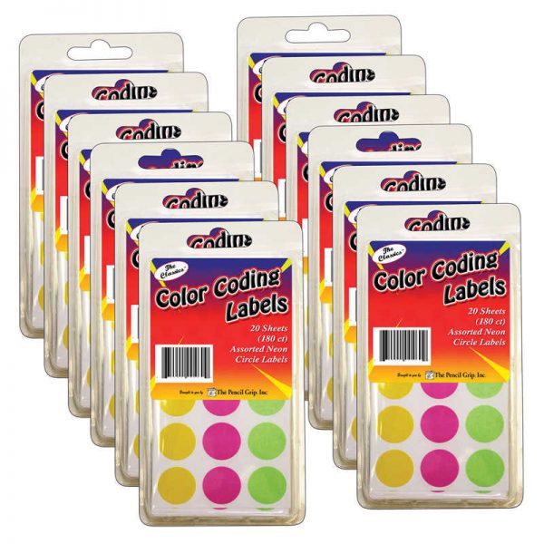 The Pencil Grip™ Color Coding Circle Labels, Neon, 180 Per Pack, 12 Packs
