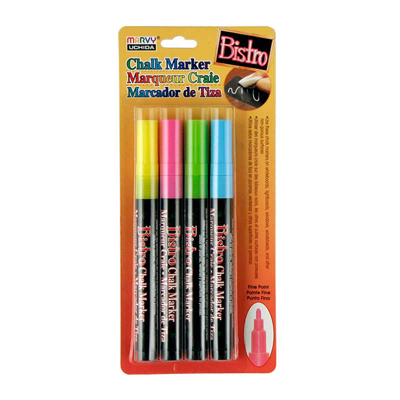 Marvy Uchida® Chalk Marker Set, Fine Tip, Assorted Fluorescent Colors, 4 Per Set, 2 Sets