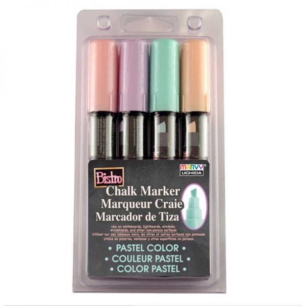 Marvy Uchida Bistro Chalk Markers, Chisel Tip 4-Color Set, Blush Pink, Peppermint, Pastel Peach, Pale Violet