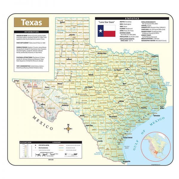 Kappa Map Shaded Relief Map, Rolled, Texas