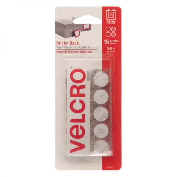 VELCRO® Sticky Back Coins, 5/8", White, 15 Sets