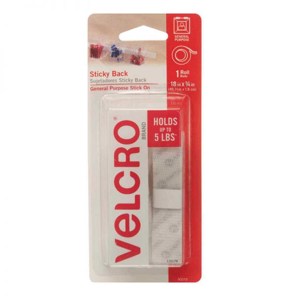VELCRO® Brand Sticky Back Tape, 18" x 3/4", White