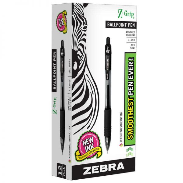 Zebra Pen Z-Grip Ballpoint Retractable Pen, 1.0mm, Black, Pack of 12