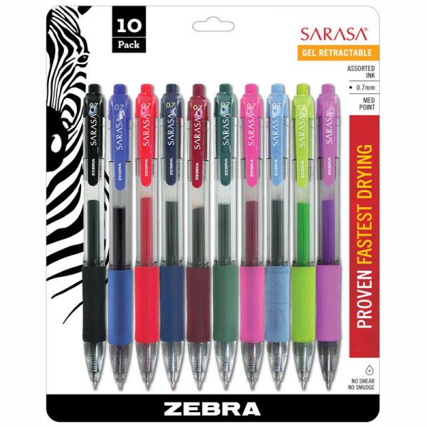 Zebra Pen Sarasa Gel Retractable Roller Ball Ink Pens, Assorted 10-Pack