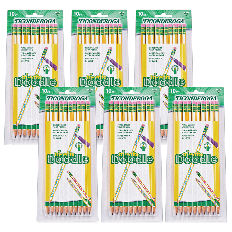 Ticonderoga® Tri-Write® Doodle® Wood-Cased Graphite Pencils, #2 HB Soft, Pre-Sharpened, Yellow/White, 10 Per Pack, 6 Packs